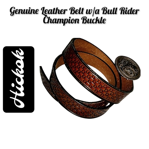 Hickok ~Genuine Leather Basket Weave Belt with a Bull Rider Champion - Picture 2 of 5